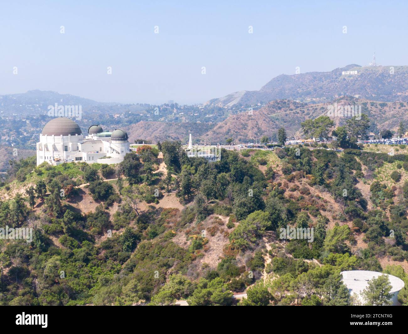 Stock drone images of Griffith Observatory in Los Angeles on a hazy summer afternoon. Stock Photo
