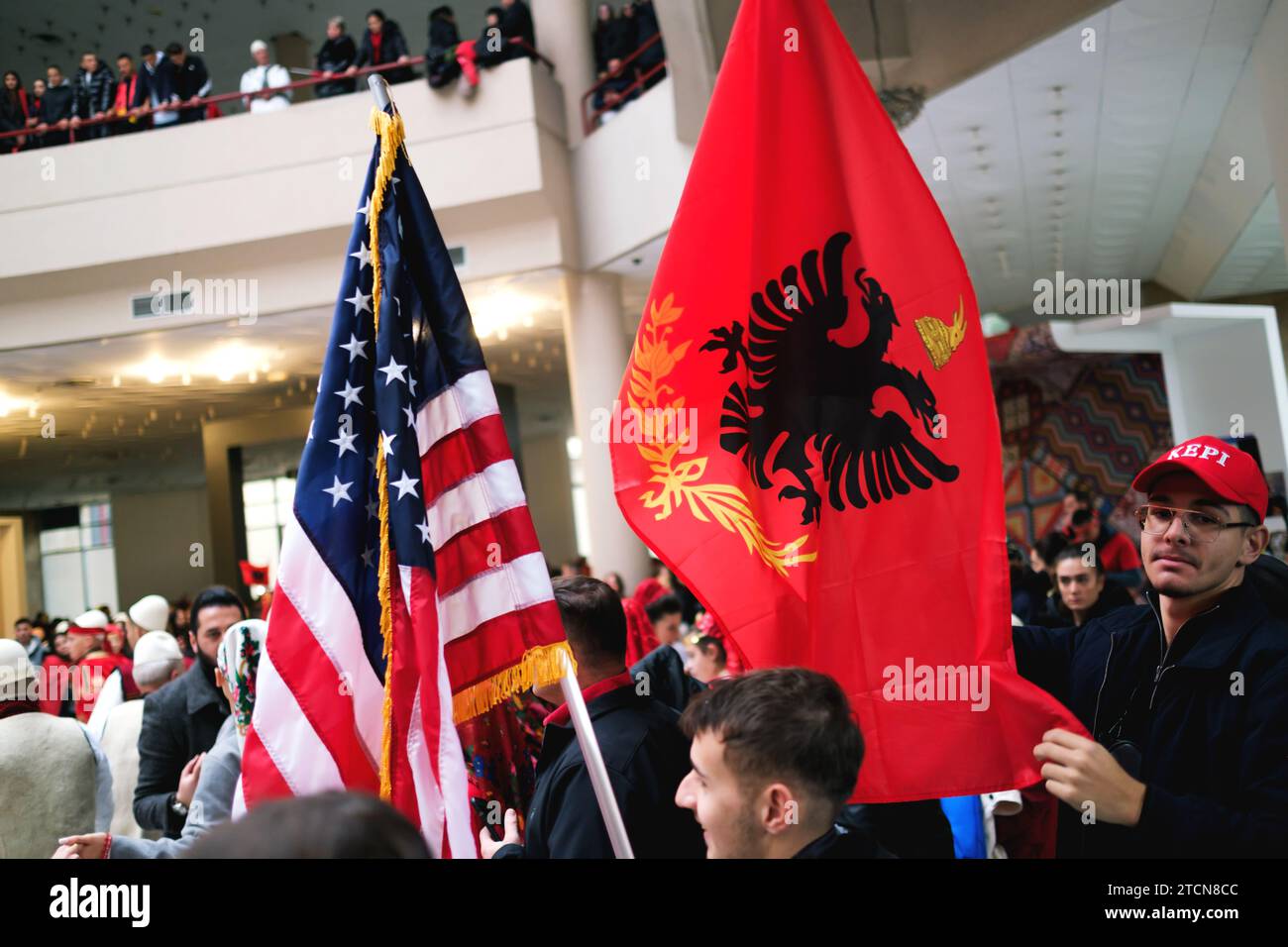Tirana, Albania November 28 Traditional Albanian dance with both Albanian and American flags