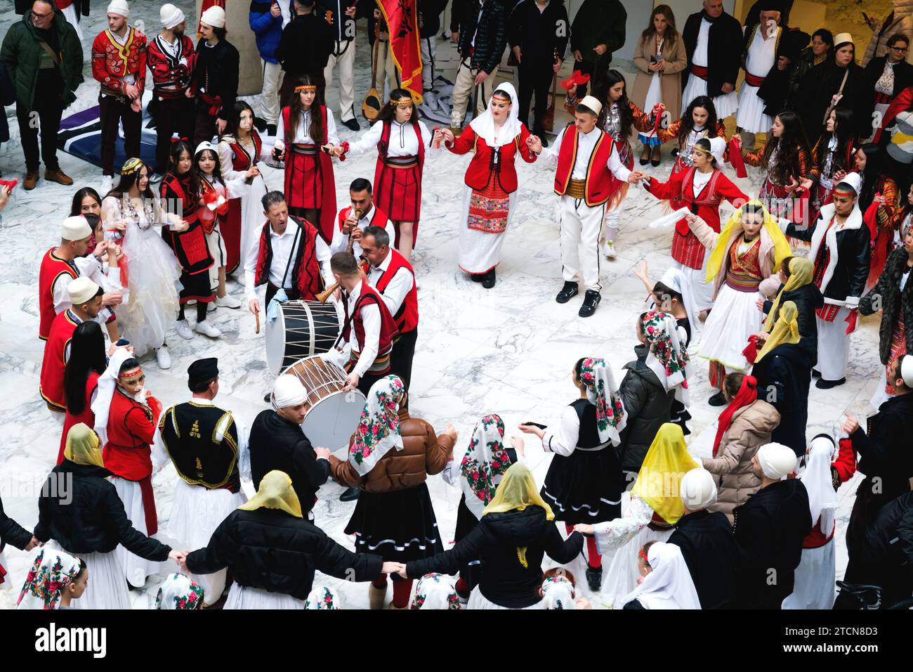 Tirana, Albania - November 28: Overhead view of students in traditional