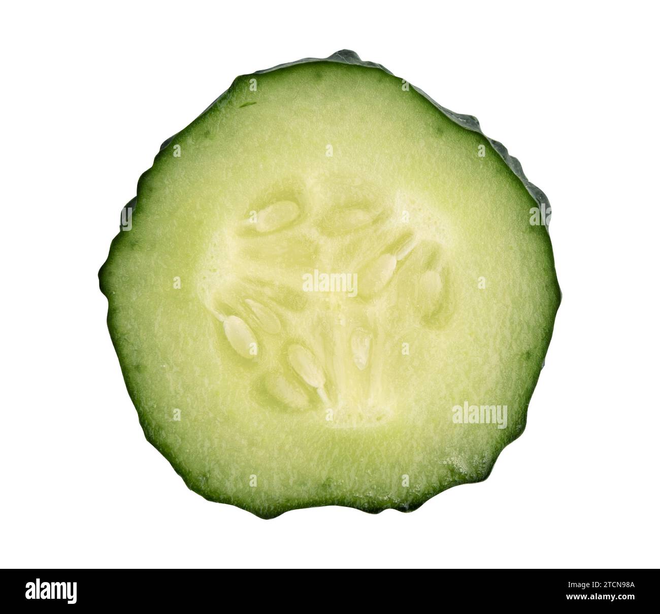 sliced cucumber isolated on white background with clipping path, top view, flat lay, organic vegetables Stock Photo