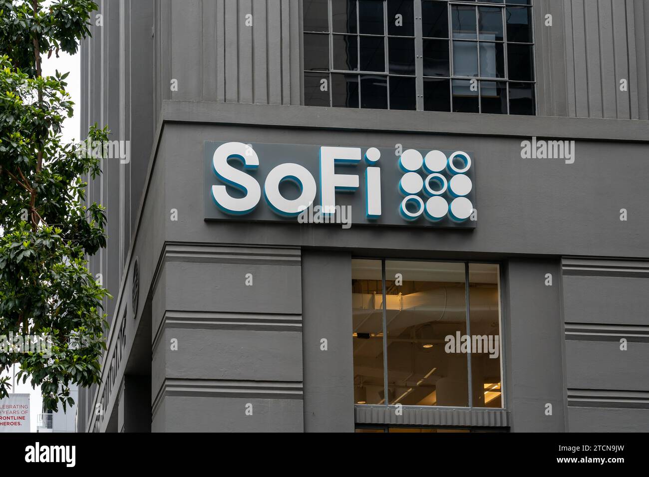 Close up of SoFi sign and logo on the building in San Francisco