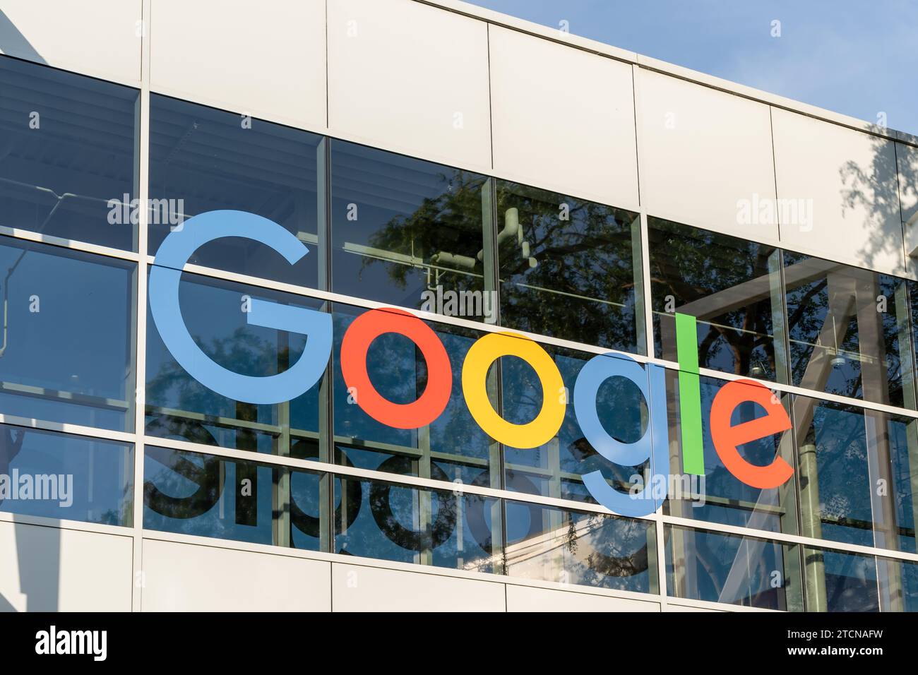 Close up of the Google  logo sign on the building in Mountain View, California, USA Stock Photo
