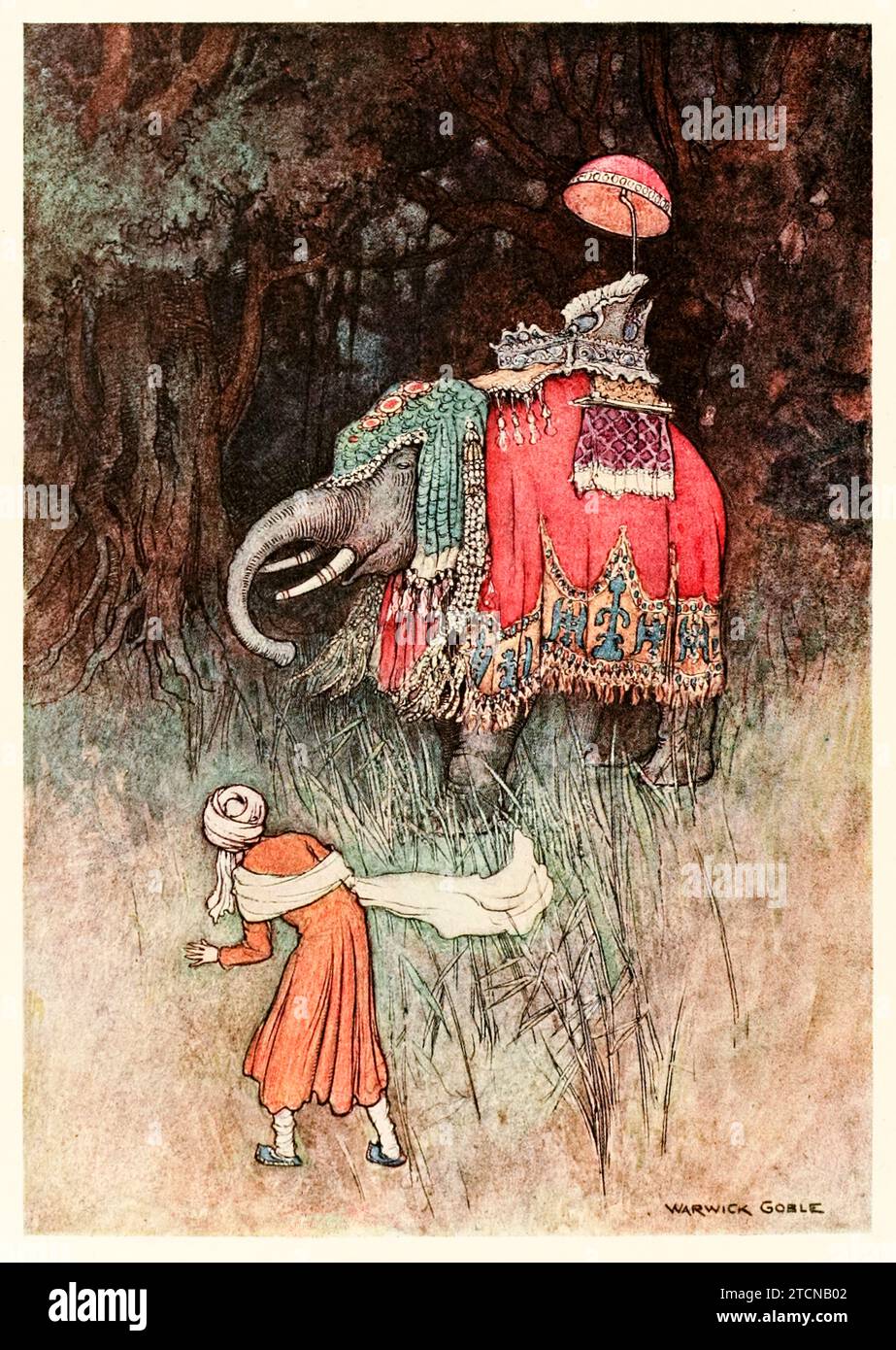 ‘On a sudden an elephant gorgeously caparisoned shot across his path’ from ‘Folk-tales of Bengal’ by Lal Behari Day (1824-1882), illustration by Warwick Goble (1862-1972). Photograph from a 1912 edition. Credit: Private Collection / AF Fotografie Stock Photo