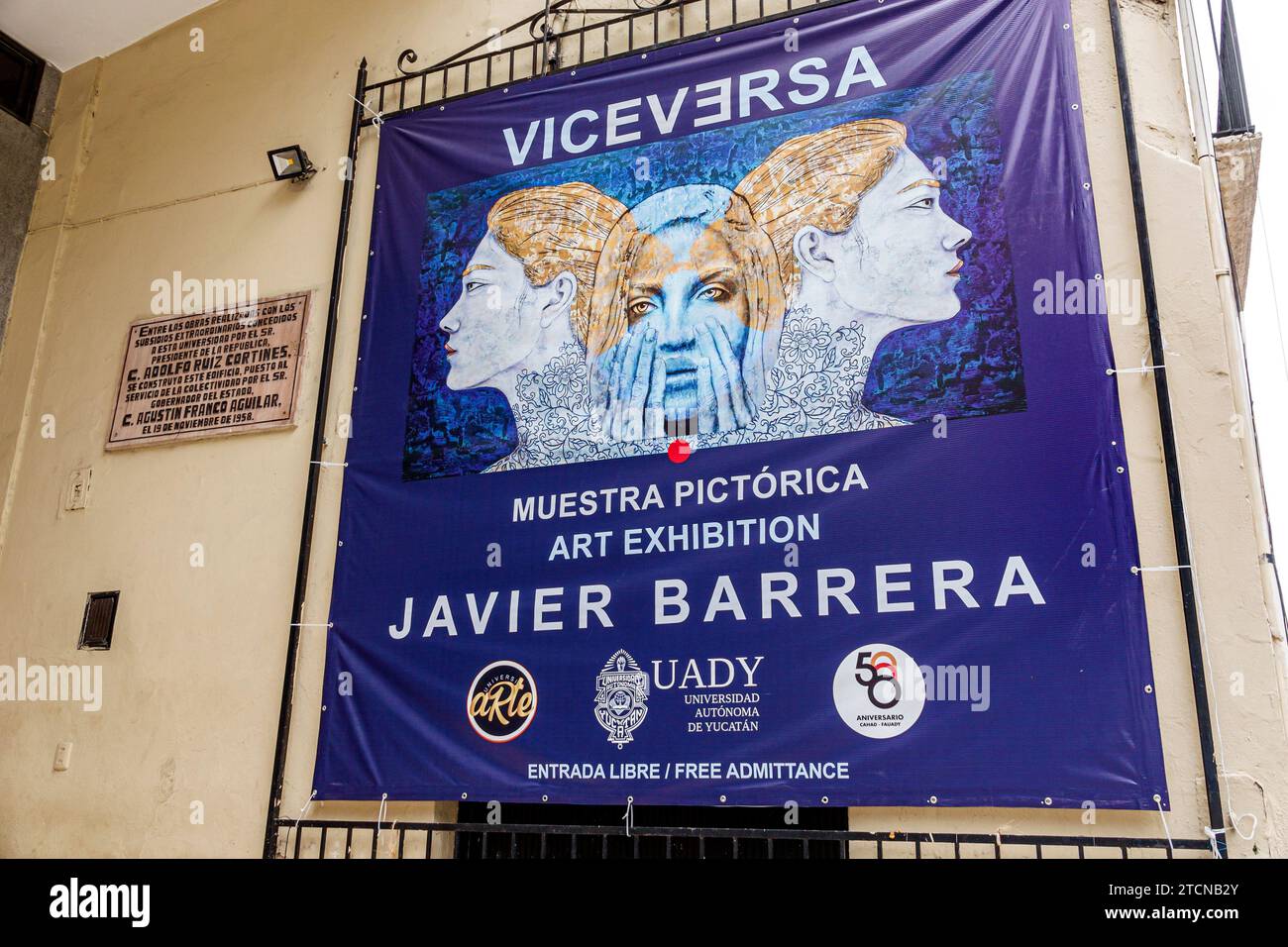 Merida Mexico,centro historico central historic district,art exhibition Javier Barrera,Universidad Autonoma de Yucatan,Calle 60,two 2 languages multip Stock Photo