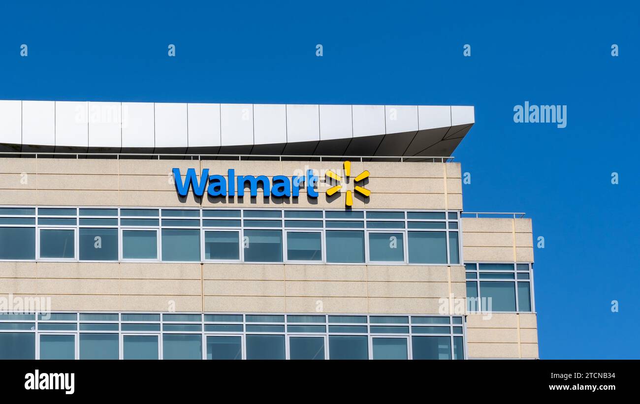 Walmart logo and sign on the office building in San Bruno, California