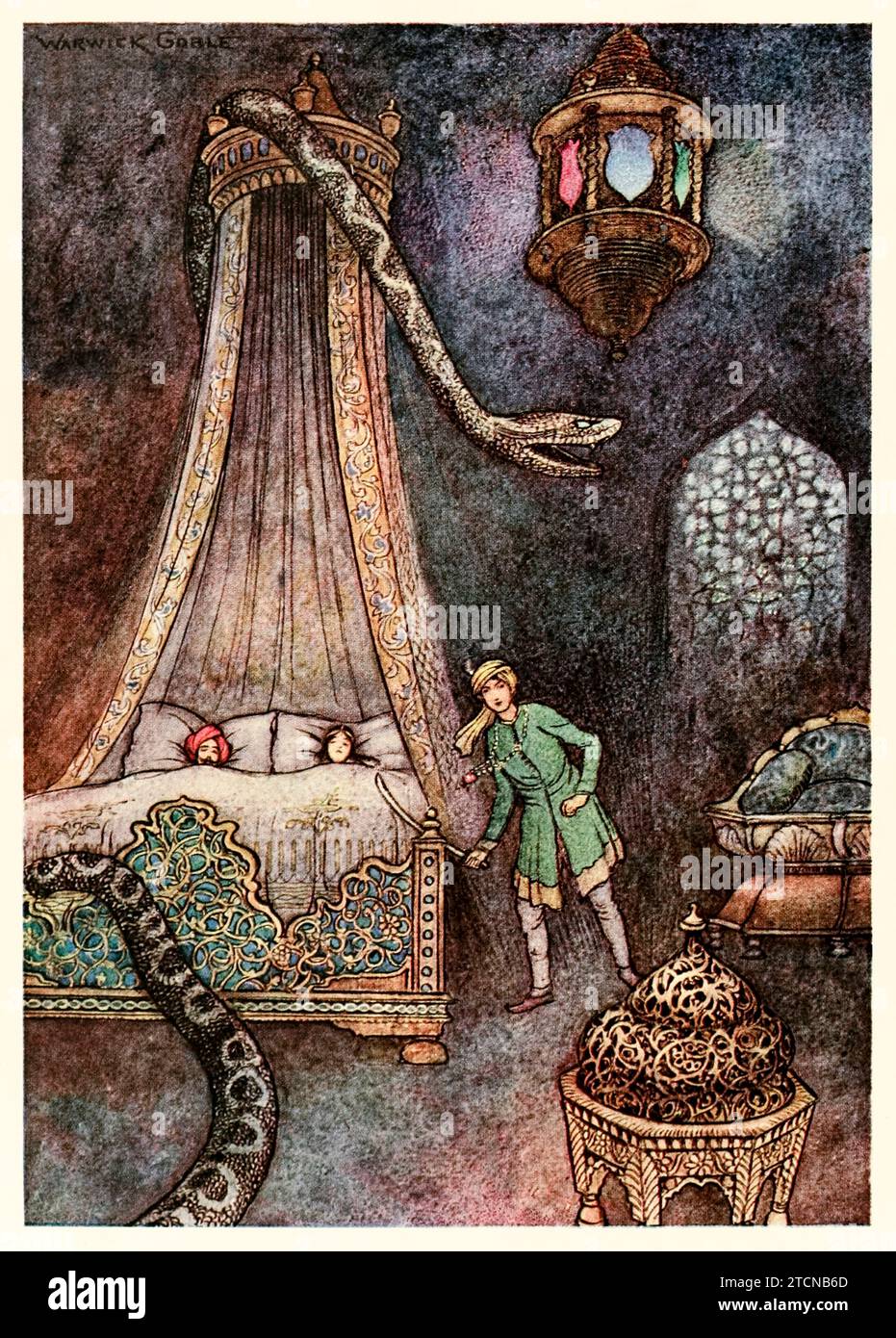 ‘He rushed out of his hiding-place and killed the serpent’ from ‘Folk-tales of Bengal’ by Lal Behari Day (1824-1882), illustration by Warwick Goble (1862-1972). Photograph from a 1912 edition. Credit: Private Collection / AF Fotografie Stock Photo