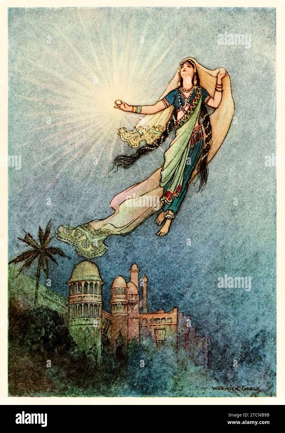 ‘She took up the jewel in her hand, left the place, and successfully reached the upper world’ from ‘Folk-tales of Bengal’ by Lal Behari Day (1824-1882), illustration by Warwick Goble (1862-1972). Photograph from a 1912 edition. Credit: Private Collection / AF Fotografie Stock Photo
