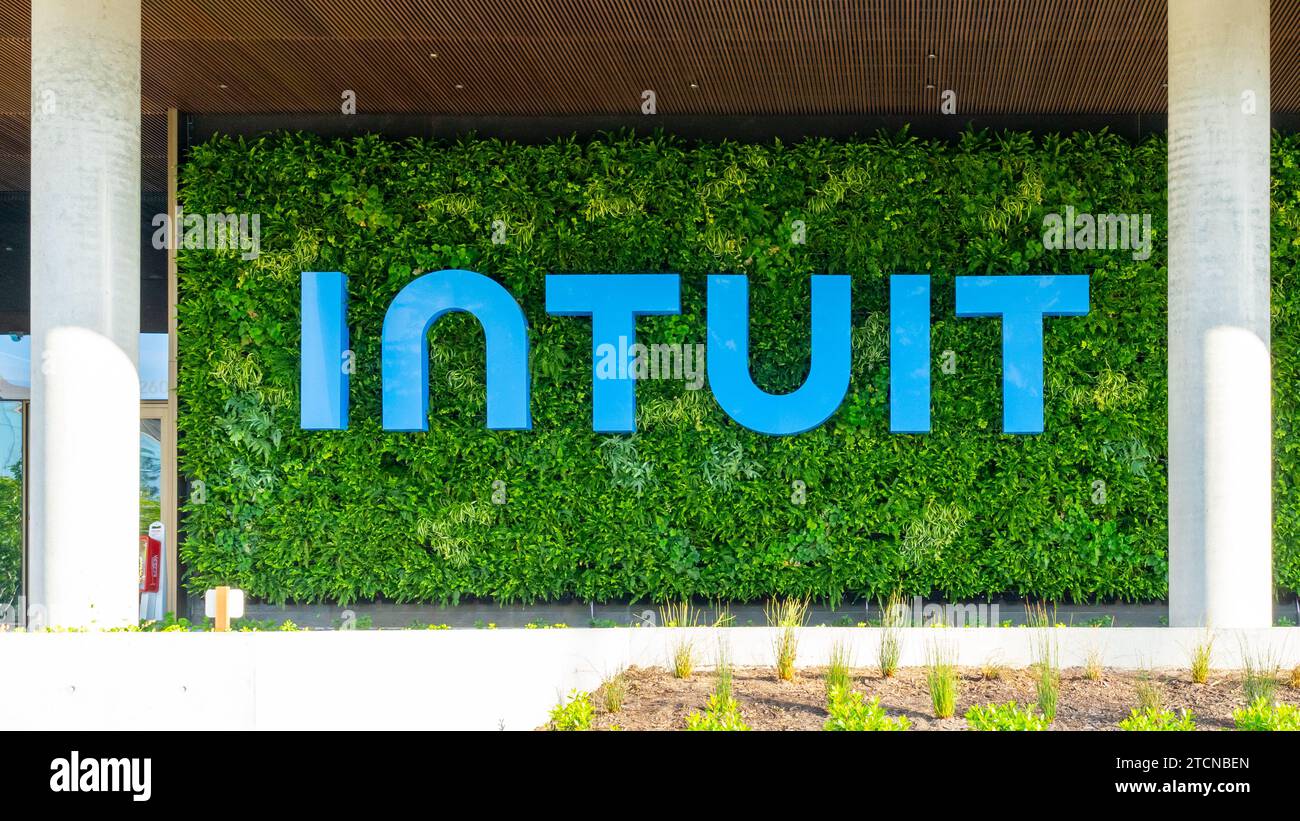 Close up of Intuit sign on the building at its headquarters in Mountain View, California, USA Stock Photo