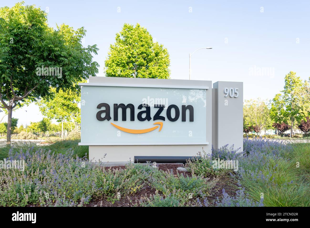 Close up of Amazon ground sign at its office in Sunnyvale, California