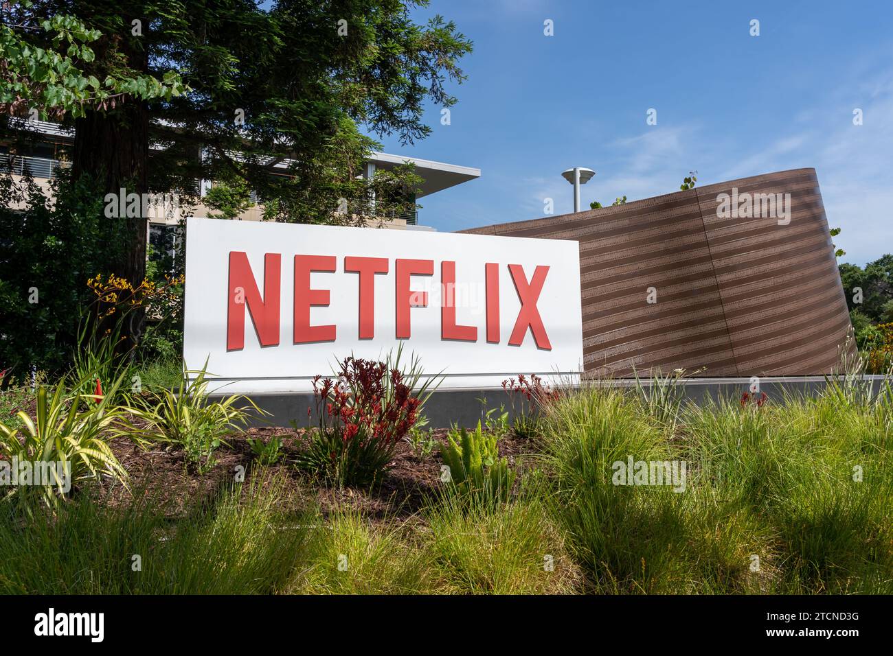 Netflix sign at Netflix Inc. headquarters in Los Gatos, California, USA