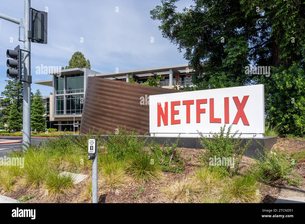 Netflix sign at Netflix Inc. headquarters in Los Gatos, California, USA