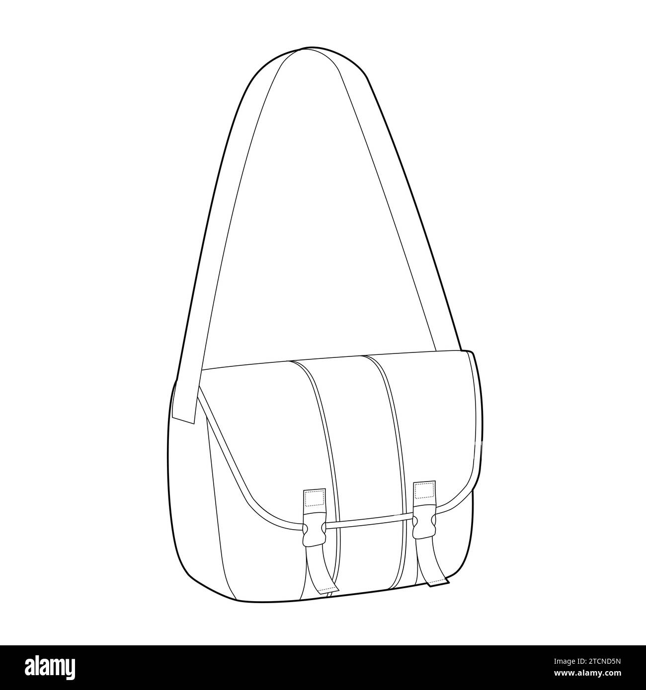 Courier Carryall Messenger Bag. Fashion accessory technical illustration. Vector satchel front 3-4 view for Men, women, unisex style, flat handbag CAD mockup sketch outline isolated Stock Vector