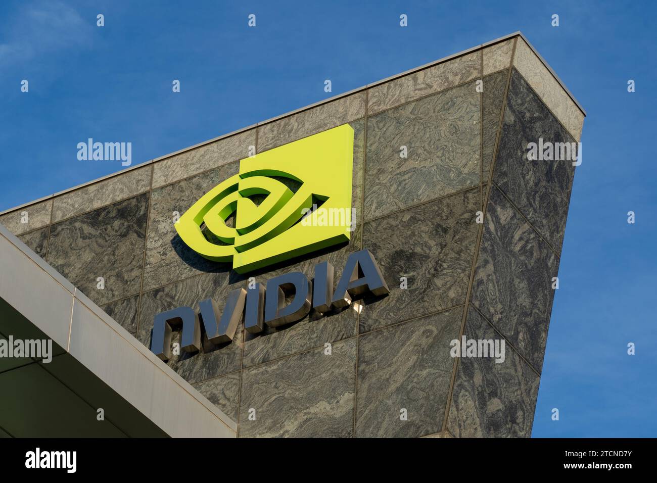 Close up of Nvidia sign on the building at its headquarters in Santa Clara, California, USA Stock Photo
