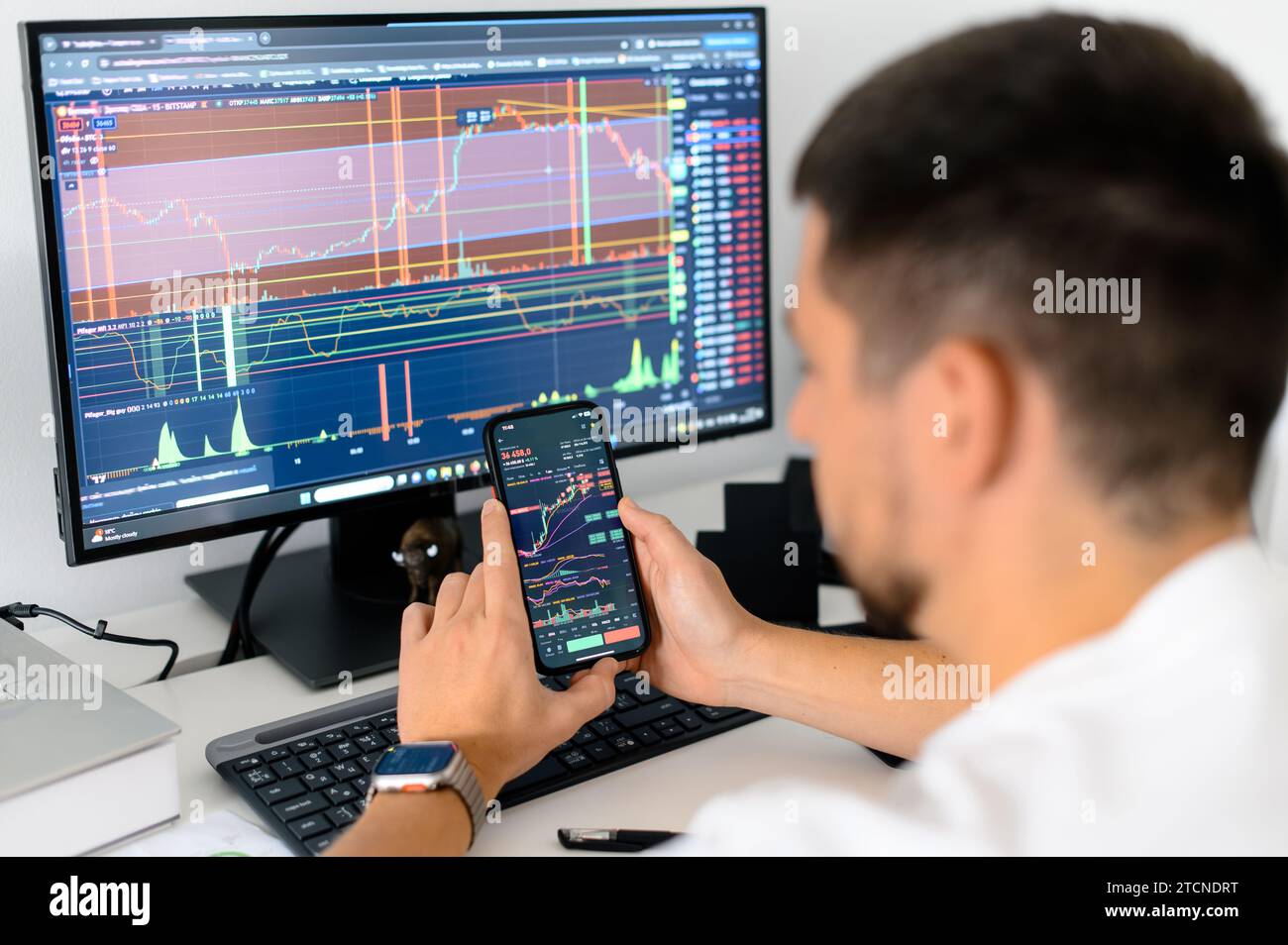 Crypto trader sits at his workplace in front of a monitor with charts holds  smartphone in hands with trading data index chart graph on the screen,  mobile phone app analytics for cryptocurrency