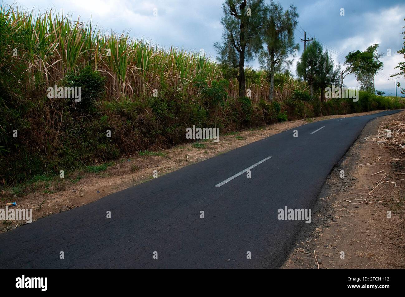 The road goes straight uphill between two cliffs Stock Photo