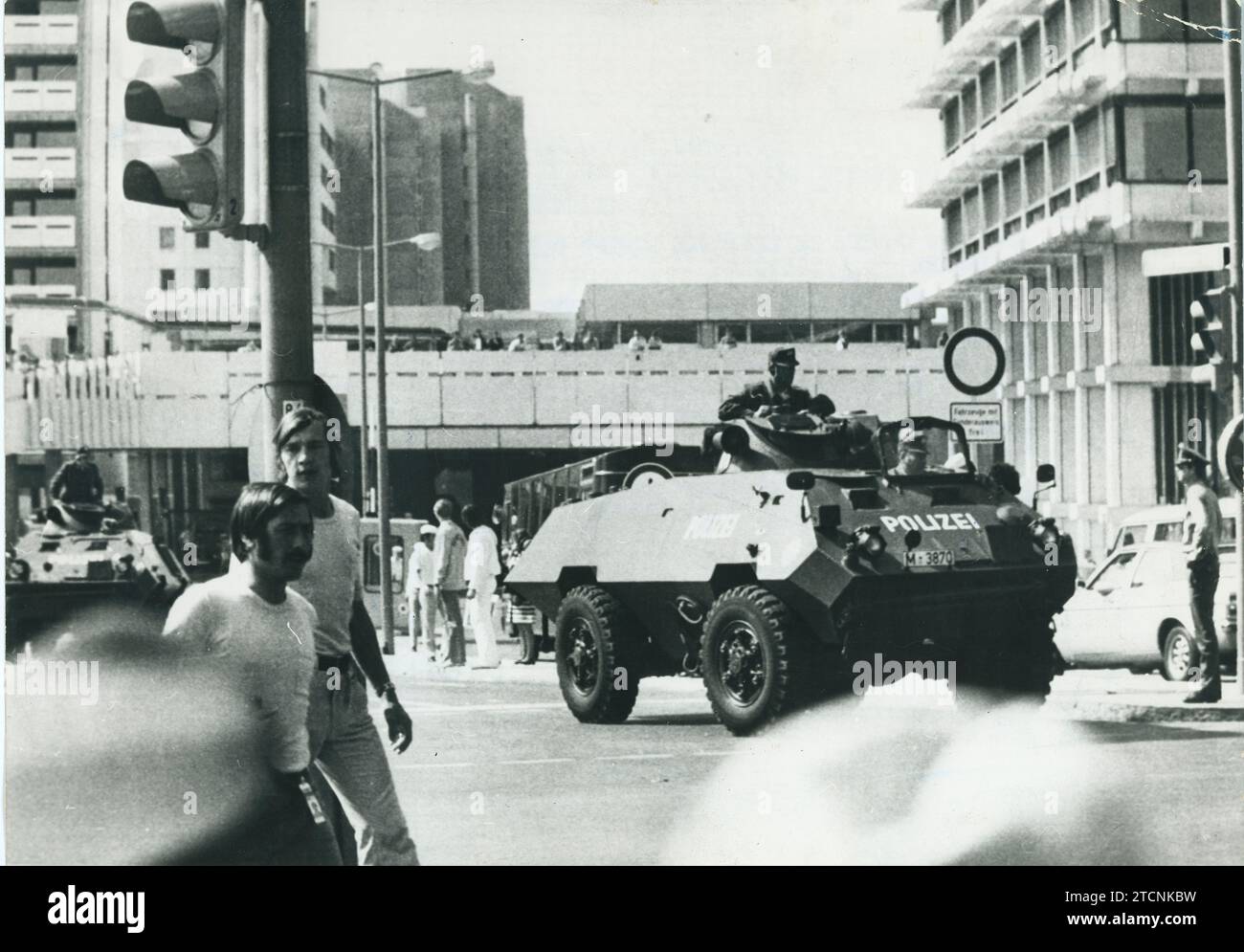 Munich (Germany), 09/05/1972. Attack against the headquarters of the Israeli Olympic team during the celebration of the 1972 Munich Olympics. In the image, a German Police armored vehicle patrols through the Olympic village after the attack by the terrorist organization 'Black September'. Credit: Album / Archivo ABC Stock Photo