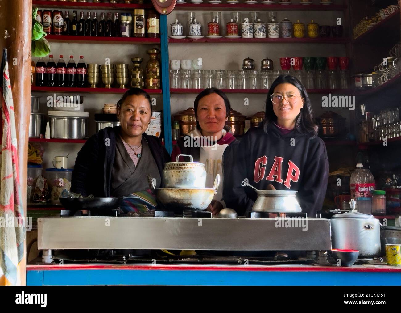 Our gracious hosts at a restaurant in Samar village -  Mustang District, Nepal Stock Photo
