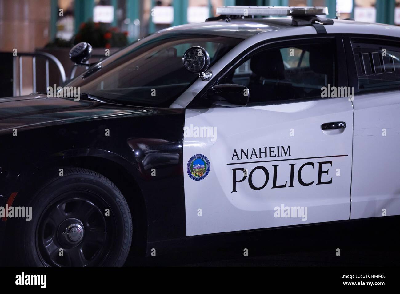 Anaheim, California, USA - December 2, 2023: An Anaheim Police department squad car responds to the scene of an incident. Stock Photo