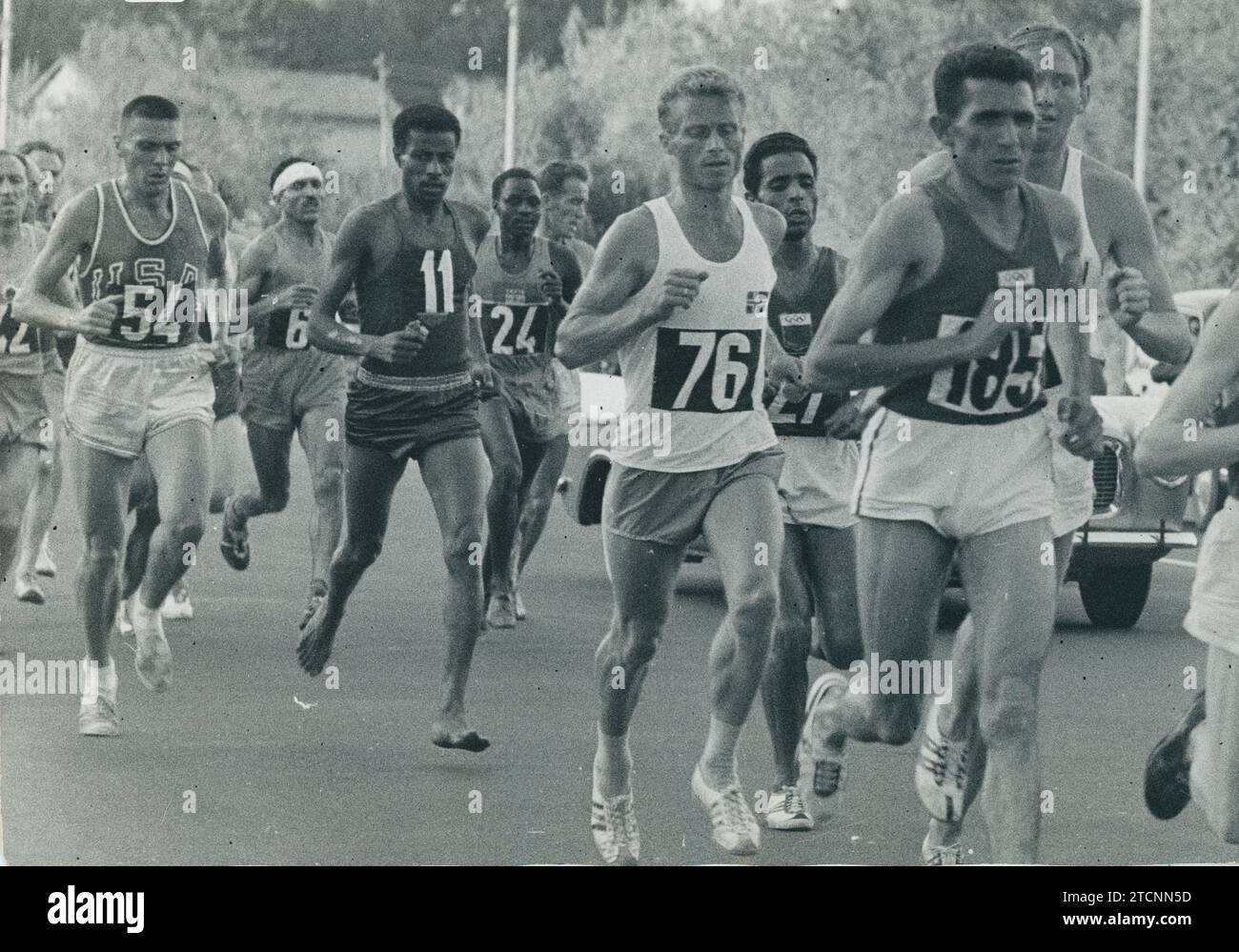 Rome, 09/10/1960. Rome Olympics. Abebe Bikila, a member of the Imperial Guard of the Emperor of Ethiopia, wins the Olympic marathon running barefoot. In the image, at a moment in the race. Credit: Album / Archivo ABC Stock Photo