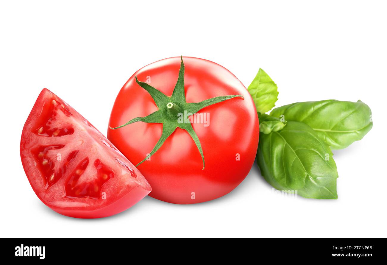 Fresh tomatoes and basil leaves isolated on white Stock Photo - Alamy
