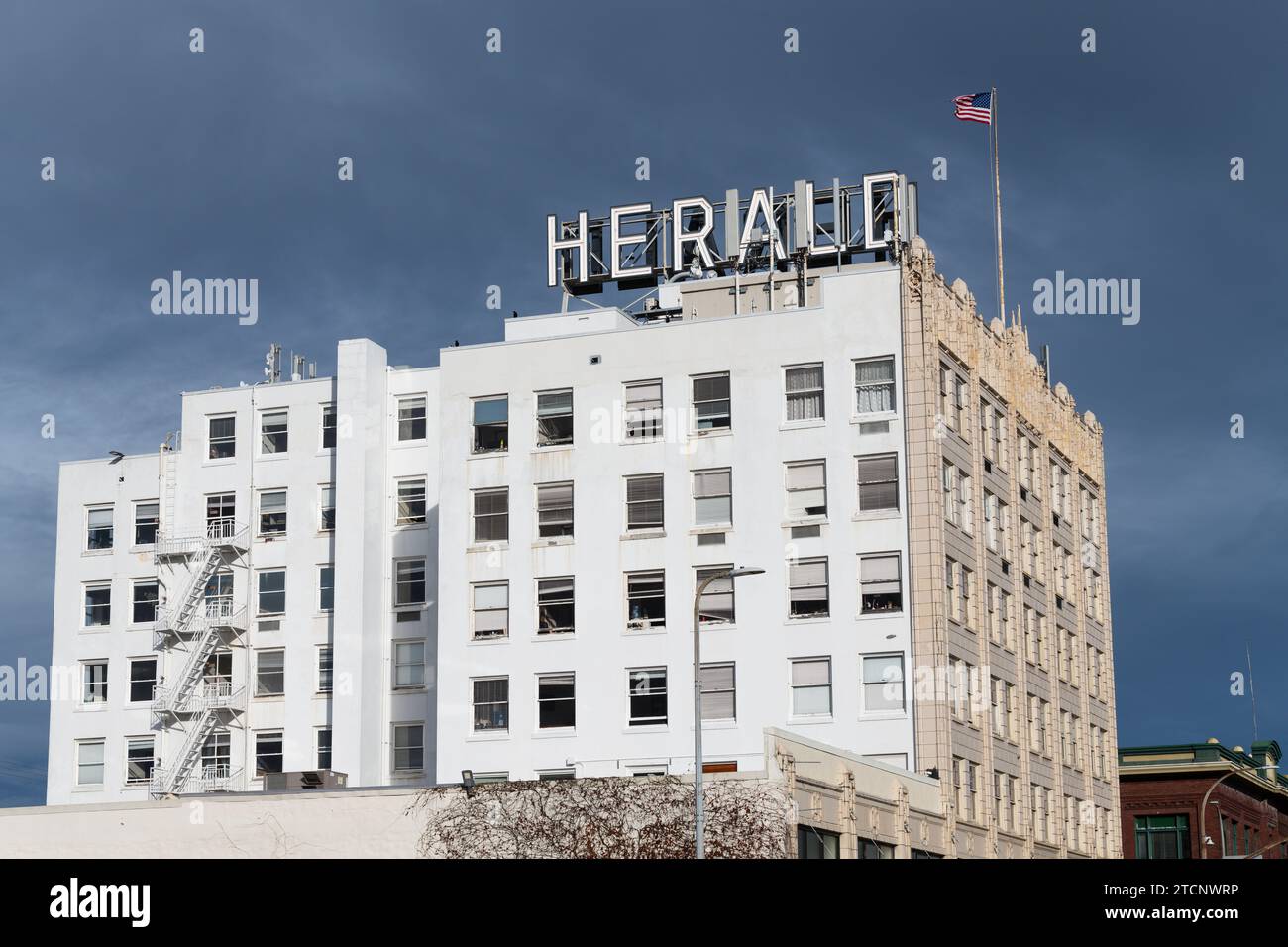 Bellingham, WA, USA - January 5, 2023; South face view of Herald Building in Bellingham Washington with sign and flag Stock Photo