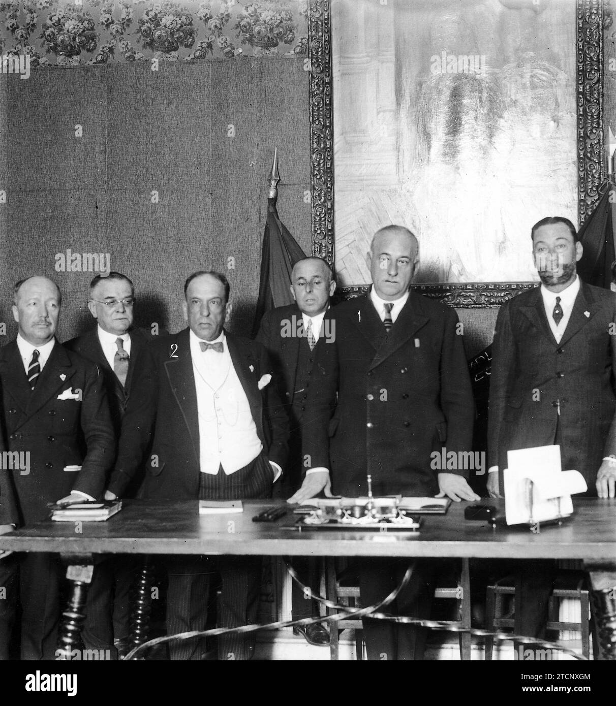 09/26/1926. Madrid. The national council of the Explorers of Spain. The president of the Council, General Primo de Rivera (1), with the President of the Institution, Mr. García Molinas (2) and the Members at the beginning of the important session held last night. Credit: Album / Archivo ABC / José Zegri Stock Photo