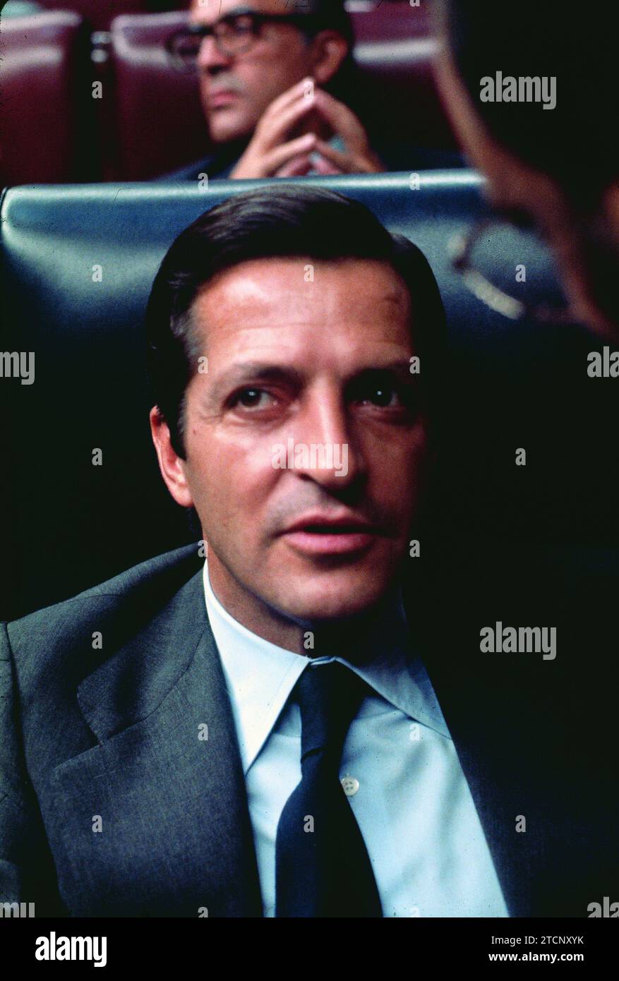 01/01/1980. Adolfo Suárez in his blue seat as President of the Government, in the Congress of Deputies. Behind him, his successor in office, Leopoldo Calvo Sotelo. Credit: Album / Archivo ABC Stock Photo