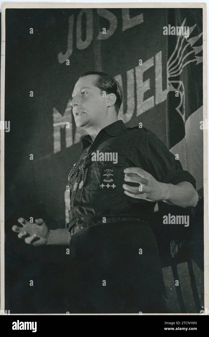 Madrid, 05/19/1935. José Antonio Primo de Rivera, at a Spanish Falange rally at the Madrid cinema. Credit: Album / Archivo ABC / Ortiz Stock Photo