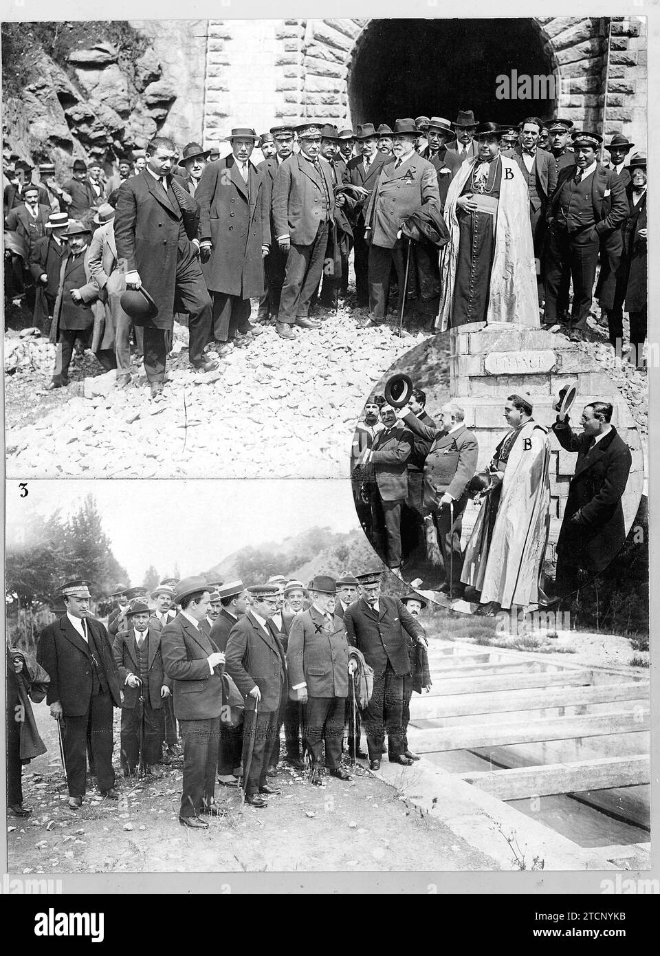 Huesca, June 1921. The trip of the Minister of Public Works. 1.Mr. La Cierva (A) with the bishop, mr. Frutos Valiente, (B), in the Canfranc tunnel. 2.On the French border. 3.The Minister (X), with his accompaniment, visiting the irrigation areas of Alto Aragón. Credit: Album / Archivo ABC / José Zegri Stock Photo