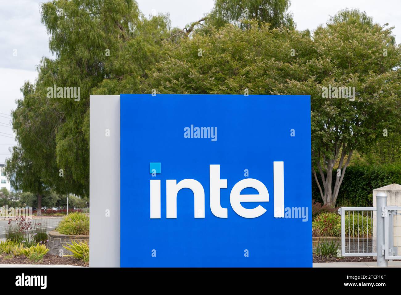 Intel sign at its headquarters in Santa Clara, California, USA Stock Photo