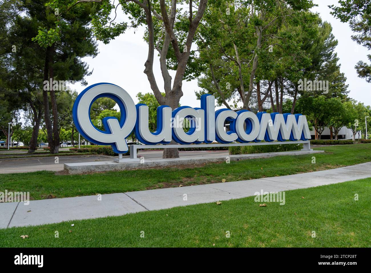 Close up of Qualcomm ground sign at their Silicon Valley office in Santa Clara, USA Stock Photo