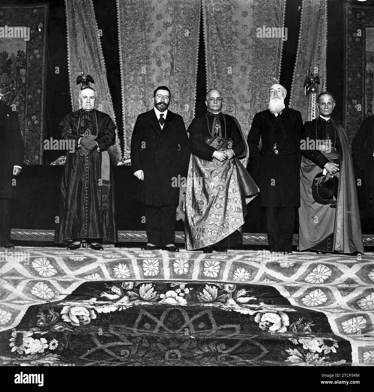 06/29/1913. The Constantinian Festivals. The Bishops of Madrid, D. Juan Vázquez de Mella, the nuncio of His Holiness, D. Alejandro Pidal and the bishop of Sion who took part in the solemn Evening with which the closing of the Festivities was celebrated yesterday in San Jerónimo. Credit: Album / Archivo ABC / Julio Duque Stock Photo