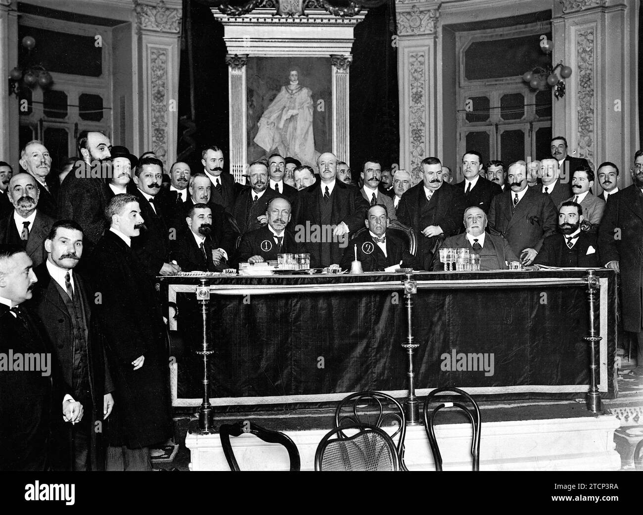 Madrid, 11/14/1913. The Chamber of Urban Property of Madrid. Messrs. Conde de Peñalver (1) and García Molinas (2), in the presidency of the meeting held at the Bank of Spain to protest against the sewer tax. Credit: Album / Archivo ABC / José Zegri Stock Photo