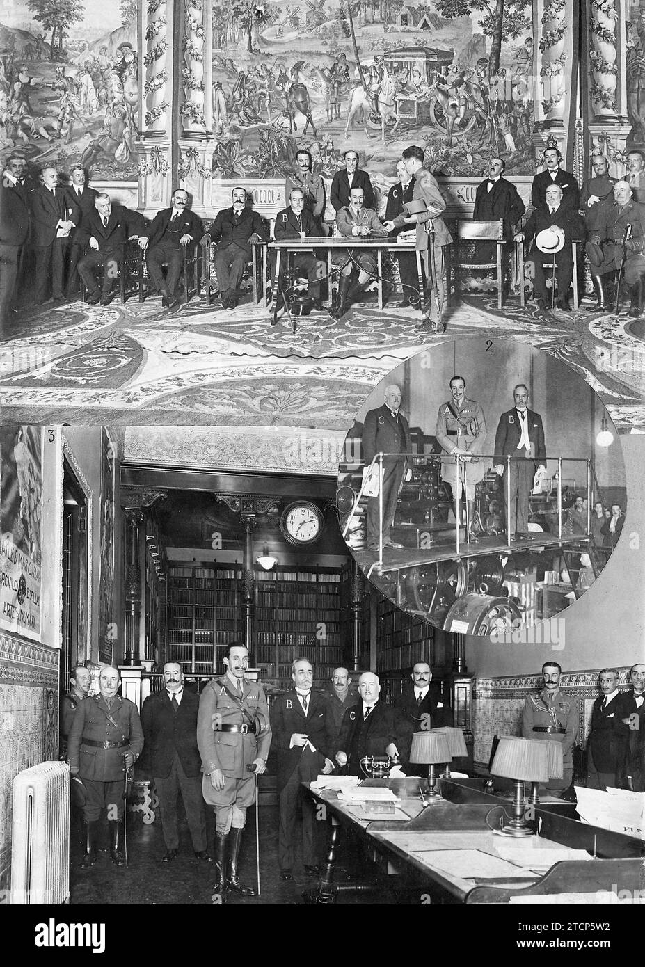 07/06/1922. Large Format - King Alfonso , during the Distribution. In the photo below in the Abc Editorial Office: the King (1), Sánchez Guerra (2), Generals Orozco (3), Burguete (4), and Barrera (5), the governor of Madrid Mr. Bullon (6), the Mayor , Count of Valle Suchil (7), Lord Luca de Tena (8). Credit: Album / Archivo ABC / Larregla Stock Photo