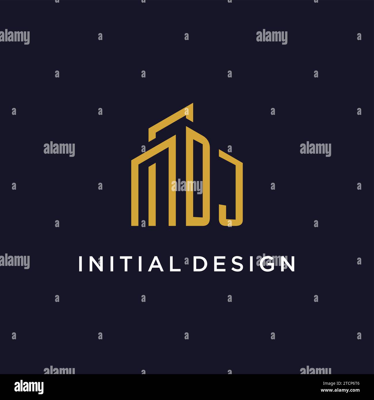 DJ initial monogram with building logo design vector graphic Stock Vector
