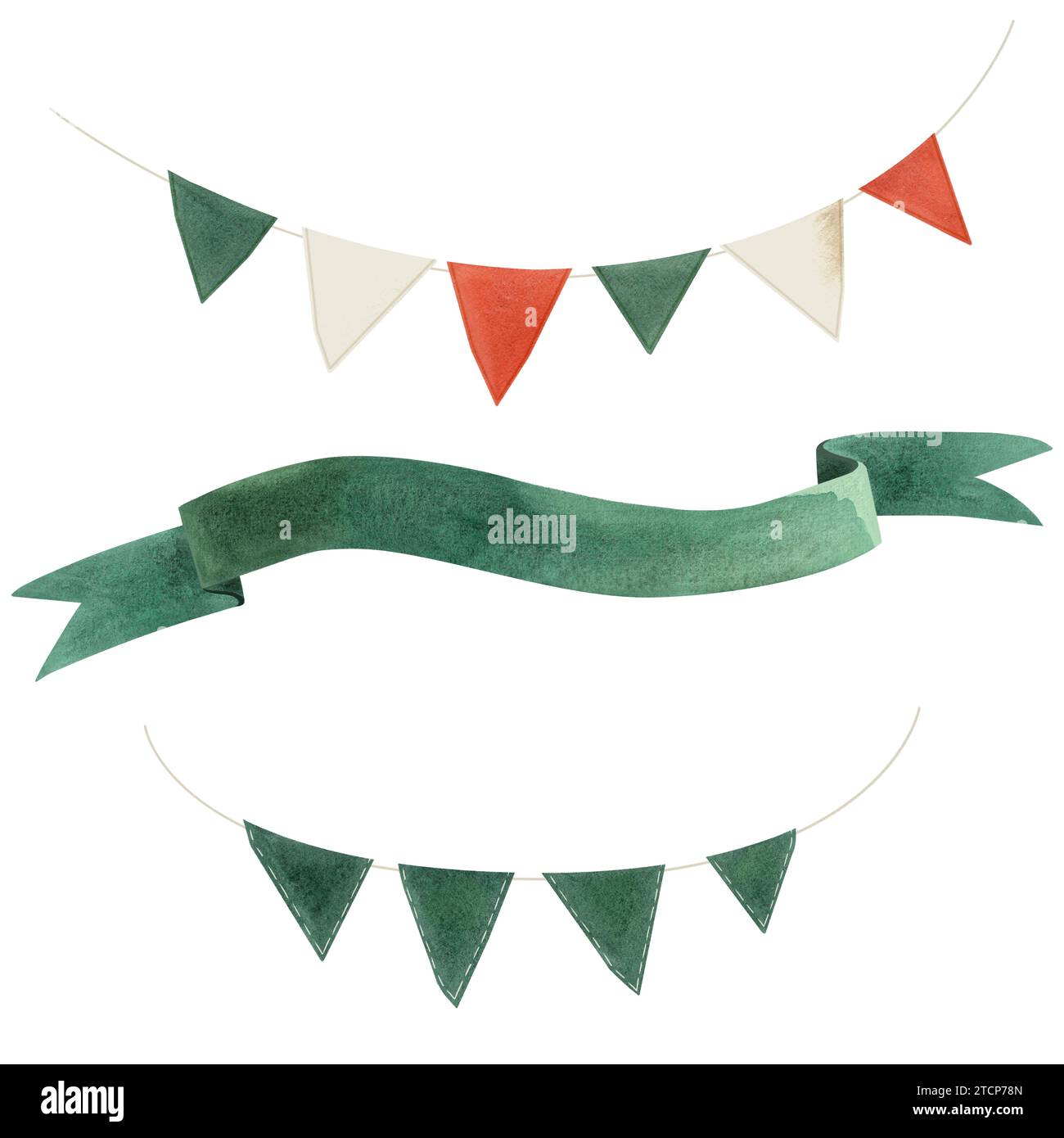 Set of flags and ribbons for Irish holidays. Decor for St. Patrick's Day. Isolated watercolor illustration on white background. Clipart. Stock Photo