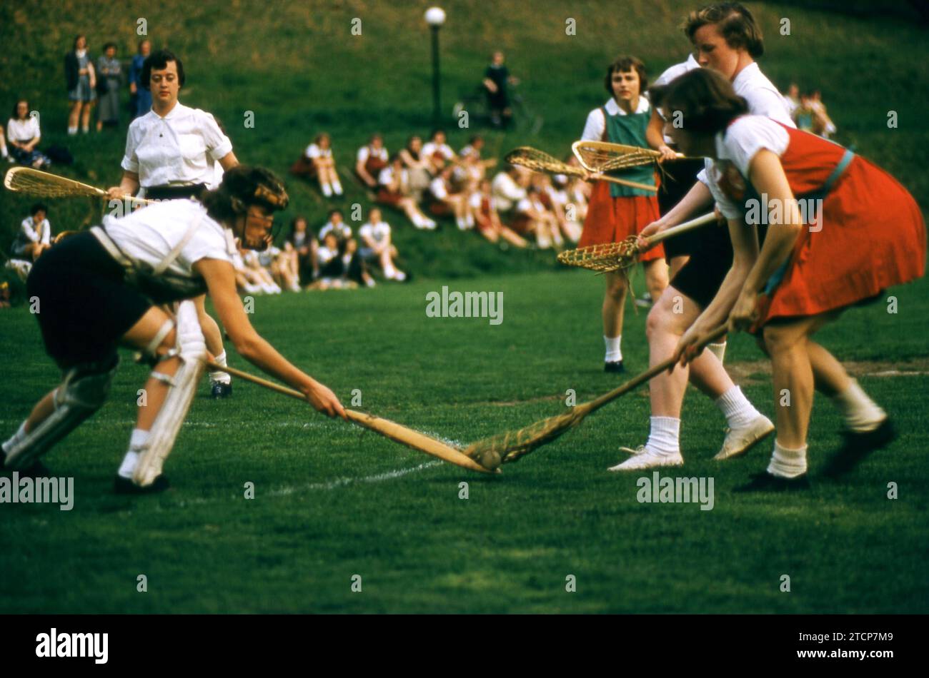 BRYN MAWR, PA - APRIL 19:  General view of the Girls Collegiate Field Hockey game between Drexel Institute of Technology and Bryn Mawr on April 19, 1955 in Bryn Mawr, Pennsylvania.  (Photo by Hy Peskin) Stock Photo