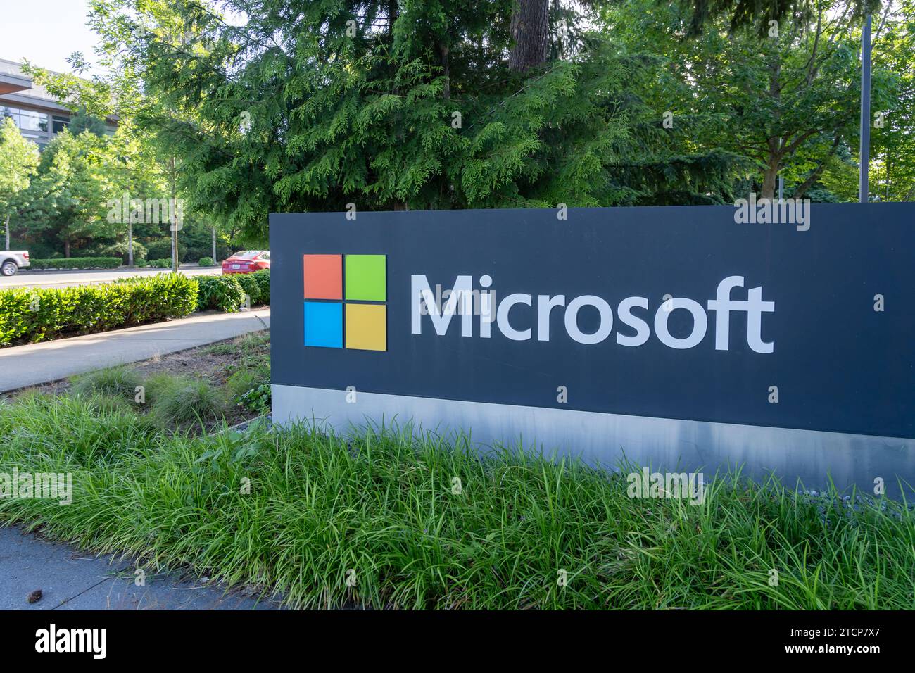 Microsoft ground sign at its headquarters in Redmond, Washington, USA Stock Photo