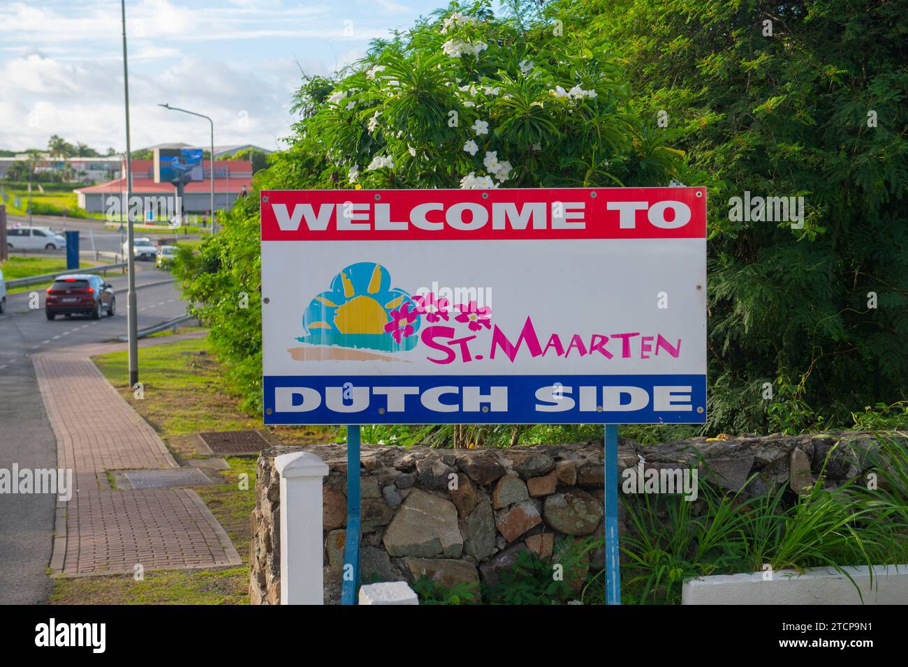Welcome to St. Mararten Dutch Side sign on the border between French St Martin and Dutch Sint Maarten on St. Martin Island, Dutch Caribbean. Stock Photo