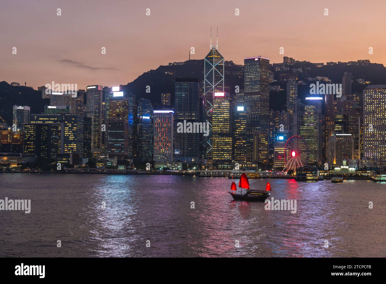 night view of victoria harbor and hongkong island in hong kong, China Stock Photo