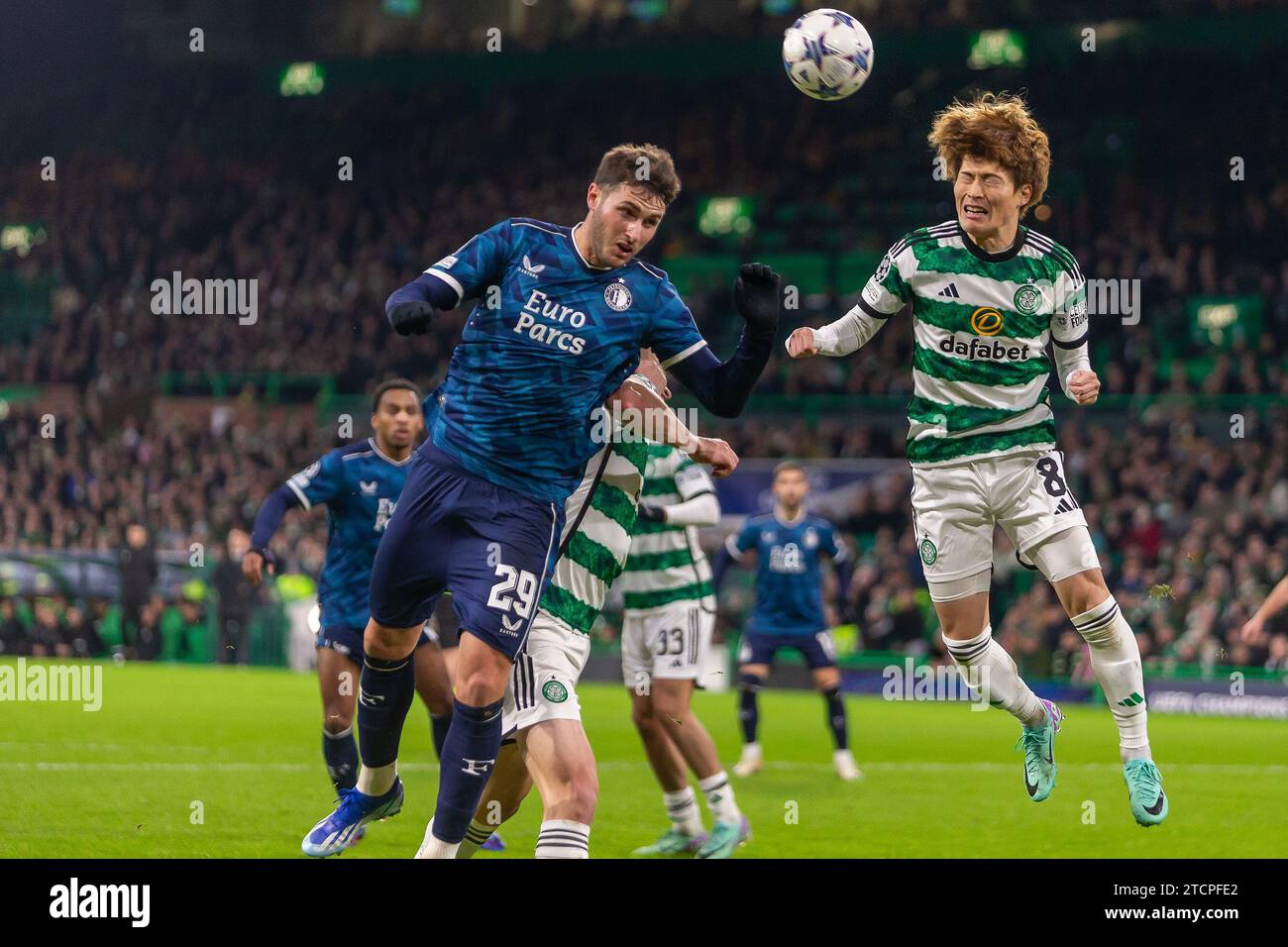 Glasgow, December 12 2023. Kyogo Furuhashi of Celtic FC headers the ...