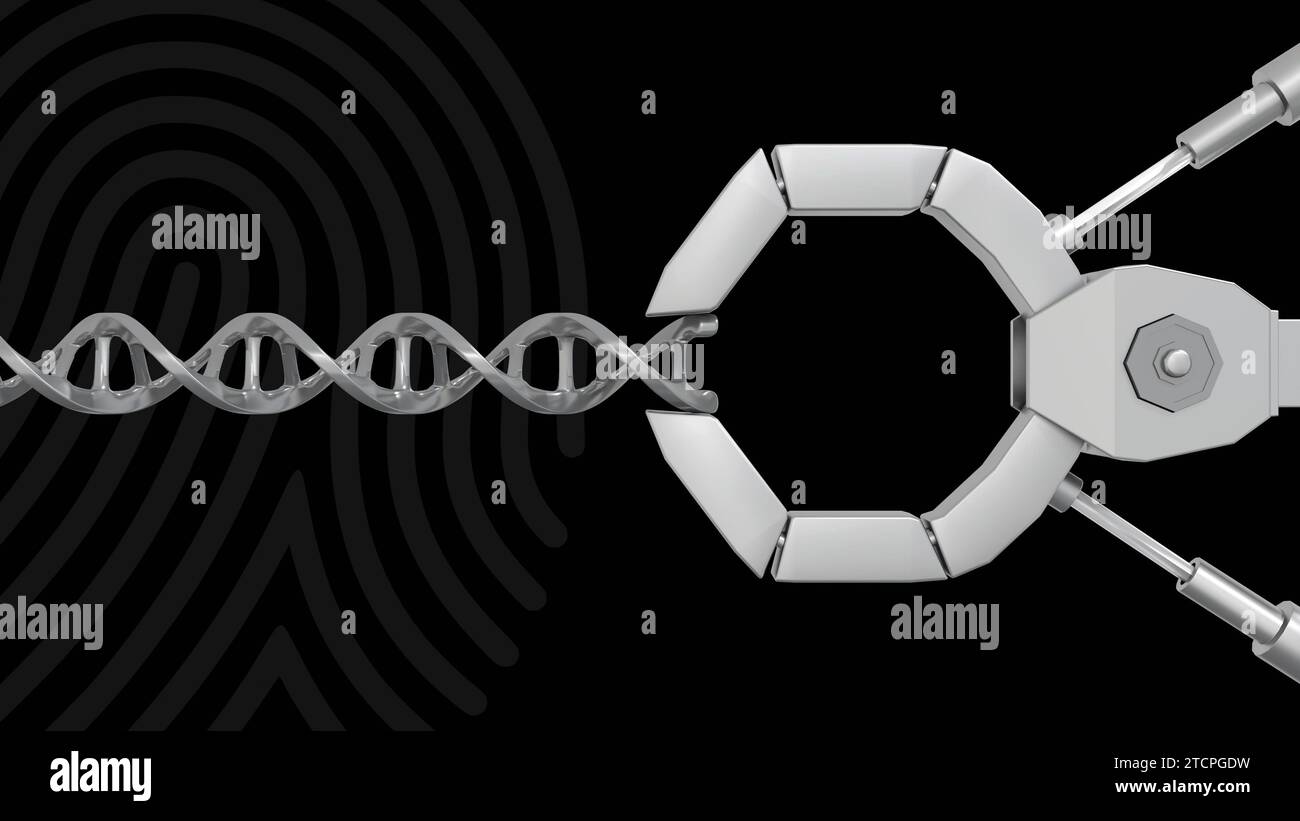 In a 3D rendering, isolated robotic claws grip a strand of DNA Stock Photo