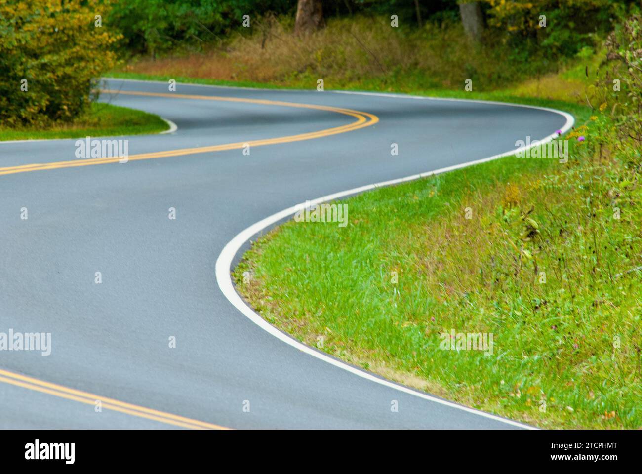 An empty Skyline Drive in Virginia (USA)  twists and turns through Shenandoah National Park. Stock Photo