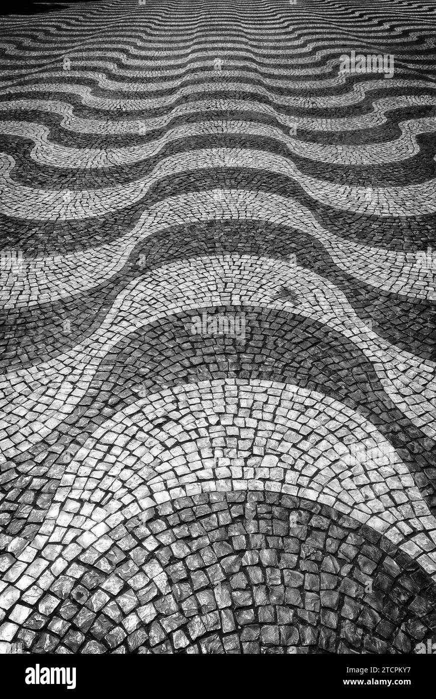 Wave Patterned Cobblestone Pavement on Rossio Square, Lisbon, Portugal Stock Photo