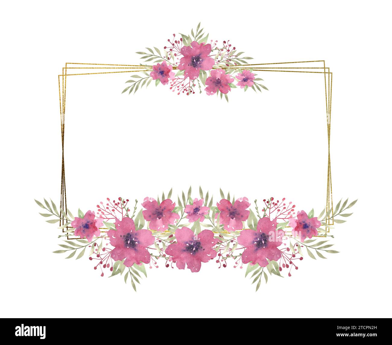 Watercolor floral rectangular frame with compositions of pink flowers ...