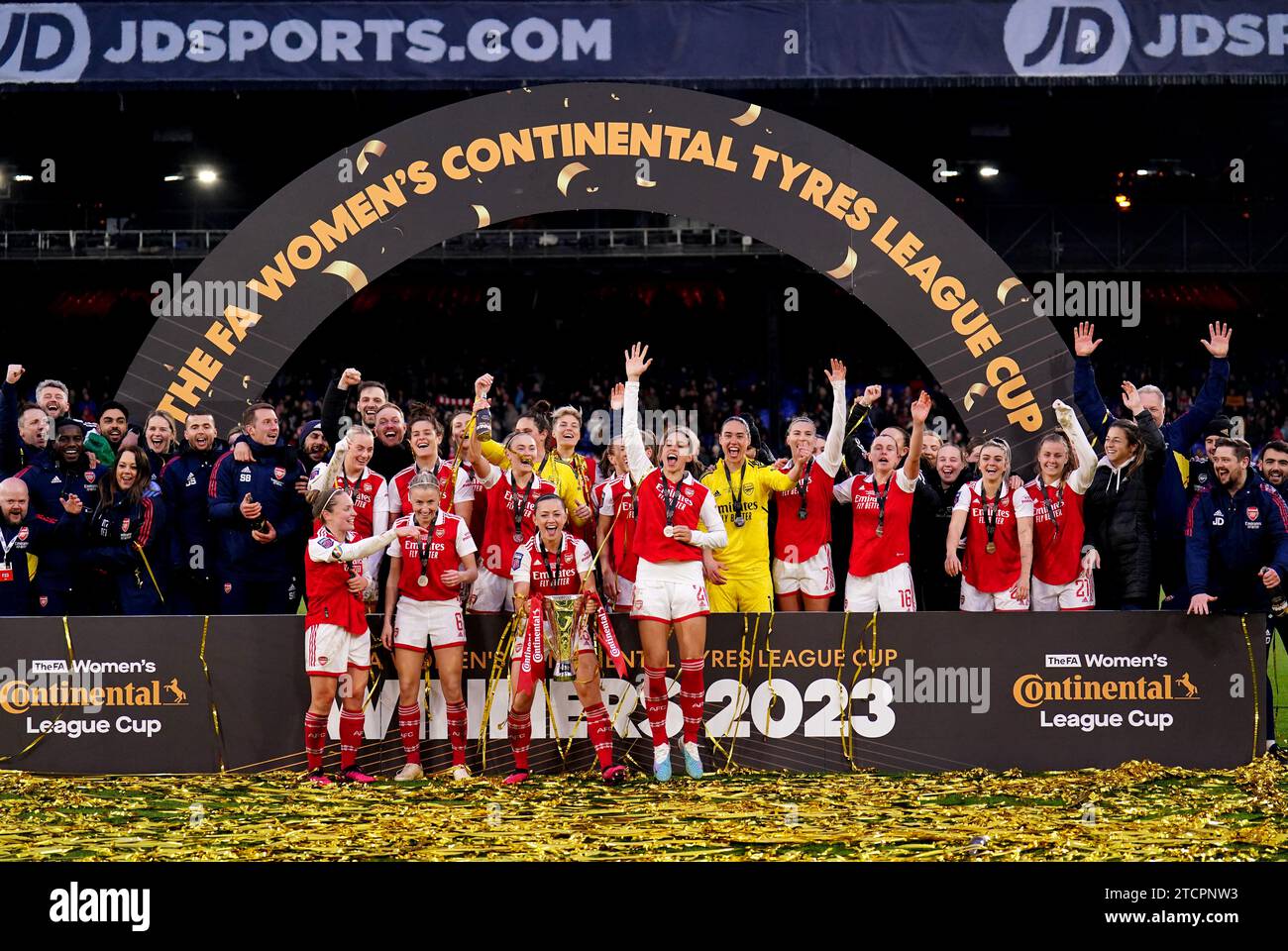 File photo dated 05-03-2023 of Arsenal's Katie McCabe celebrates with the Continental Tyres League Cup trophy after winning The FA Women's Continental Tyres League Cup final. Arsenal won the Continental Cup, beating Chelsea 3-1 in the final at Selhurst Park. Issue date: Thursday November 14, 2023. Stock Photo