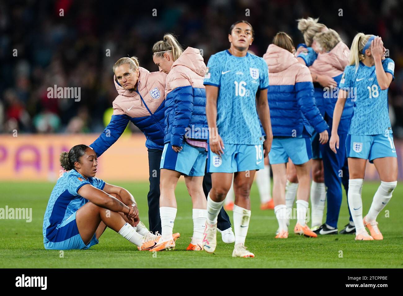 File photo dated 20-08-2023 of England Manager, Sarina Wiegman, comforts England's Lauren James (left) following their defeat in the FIFA Women's World Cup final. After the highs of their European Championship triumph, England went to the Women's World Cup in Australia and New Zealand among the favourites but it was not to be. Issue date: Thursday December 14, 2023. Stock Photo