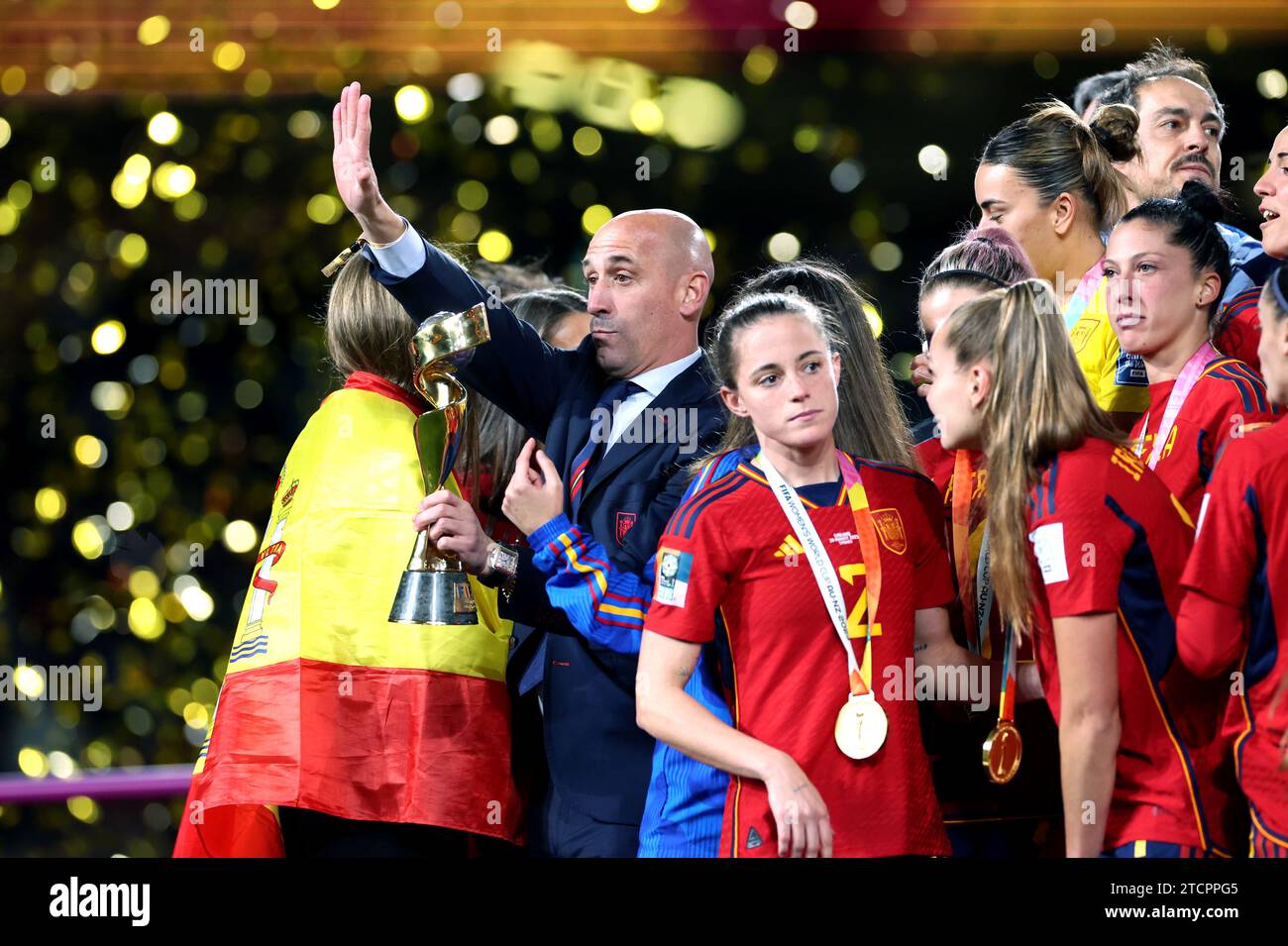 File photo dated 20-08-2023 of Spanish football federation president Luis Rubiales following the FIFA Women's World Cup final. Spain's victory over England in the Women's World Cup final in Sydney was overshadowed by the actions of Spanish Football Association president Luis Rubiales, who celebrated his nation's victory by grabbing his crotch while standing alongside Spain's Queen Letizia and 16-year-old Princess Infanta Sofia in a VIP box and then kissed Jenni Hermoso on the lips during the trophy presentation ceremony. Issue date: Thursday December 14, 2023. Stock Photo