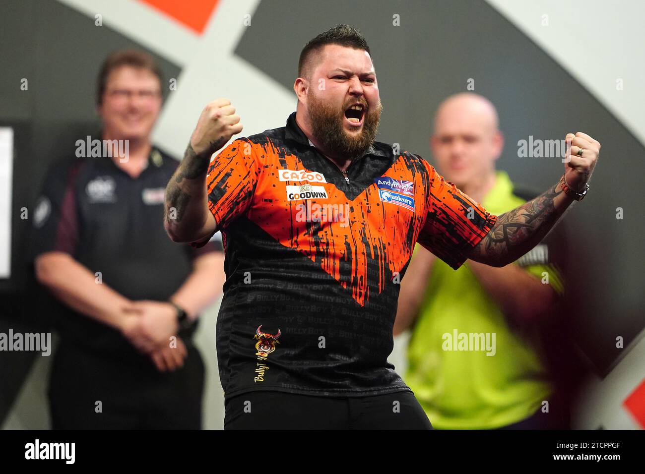 File photo dated 3-01-2023 of Michael Smith celebrating winning the final against Michael van Gerwen. Michael Smith fired a stunning nine-dart finish in one of the greatest legs in the history of the World Championship during the early stages of the final with Michael van Gerwen. Issue date: Thursday December 14, 2023. Stock Photo