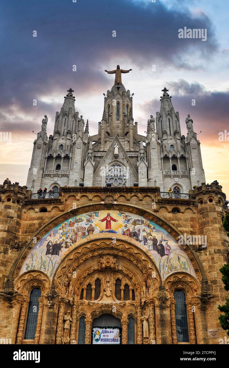 Sagrat Cor church with statue of Christ, evening sky, Tibidabo, Barcelona, Catalonia, Spain Stock Photo